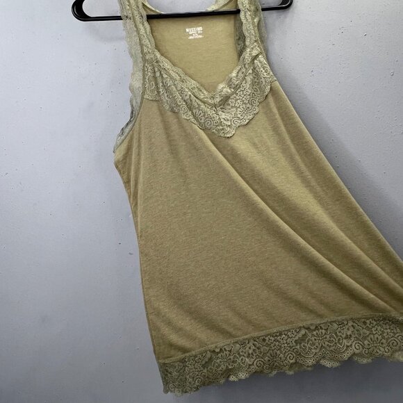 Mossimo Lace Trim Tank Top Stretchy XL Olive Green V Neck Longer Y2K - Picture 2 of 7